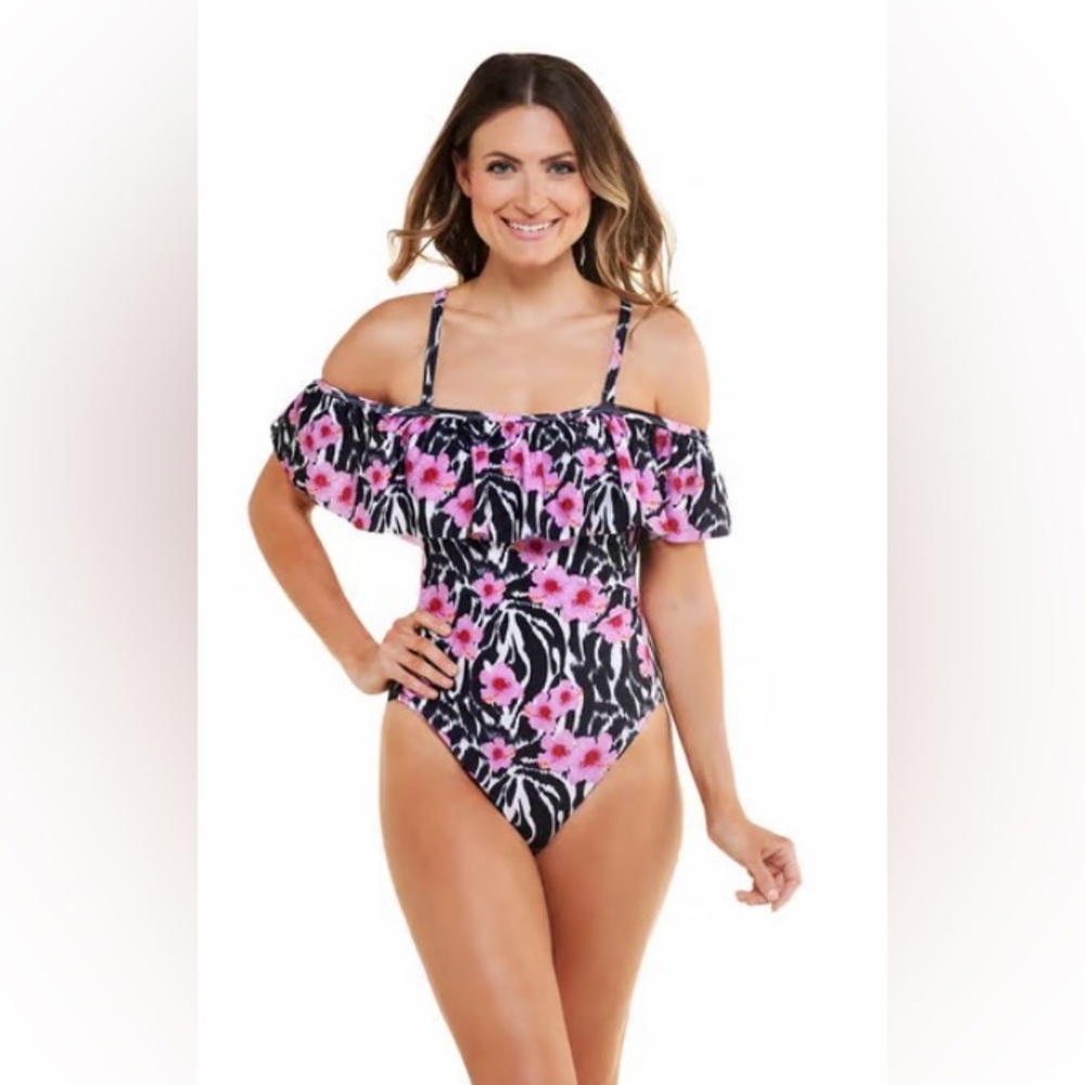 NWT Women’s Tahari Shoulder Ruffle Zebra Bandeau One Piece Black Swimsuit Large